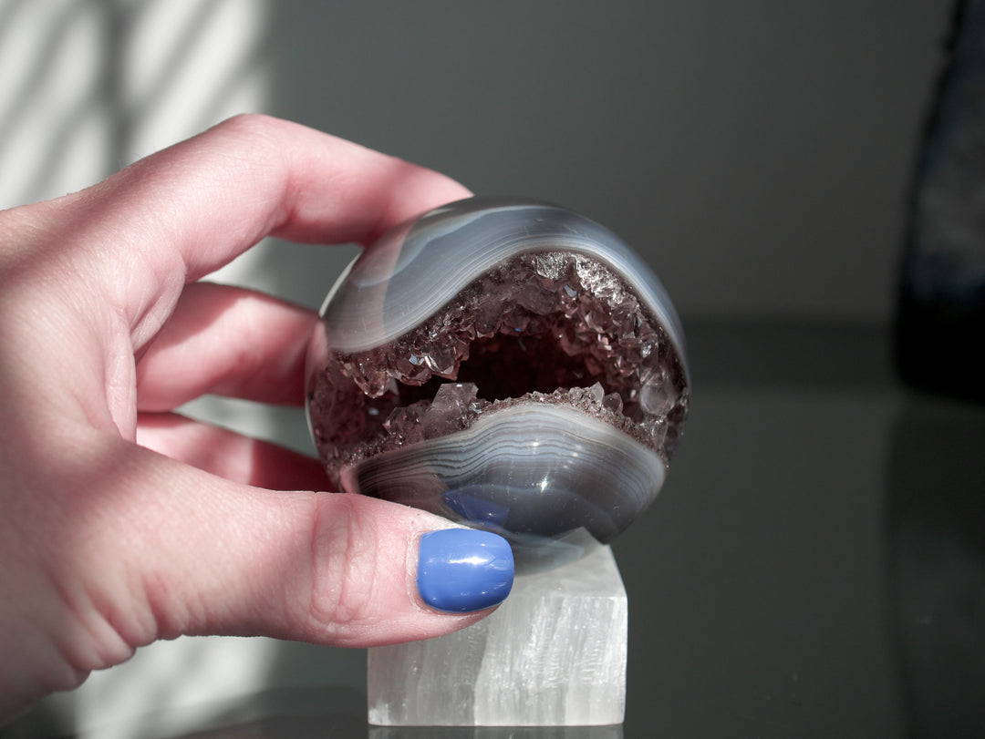 Amethyst and Agate Sphere with Selenite Stand