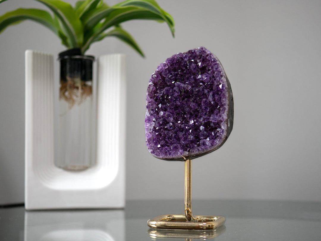 Amethyst Cluster on Gold Metal Stand