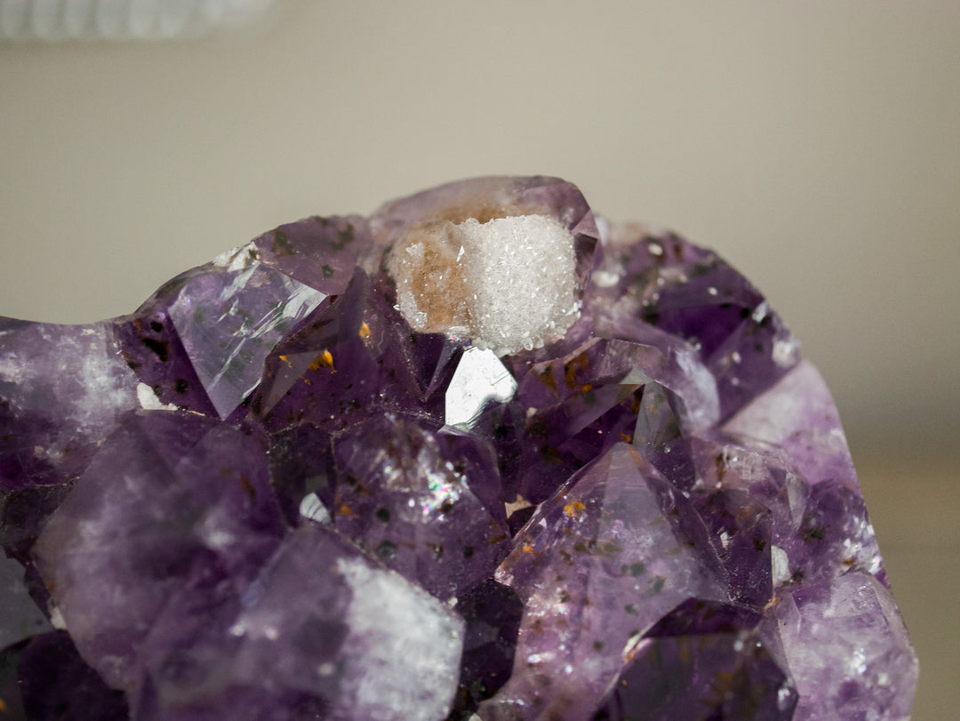 Heart-Shaped Amethyst with Golden Goethites and Sugar Calcite