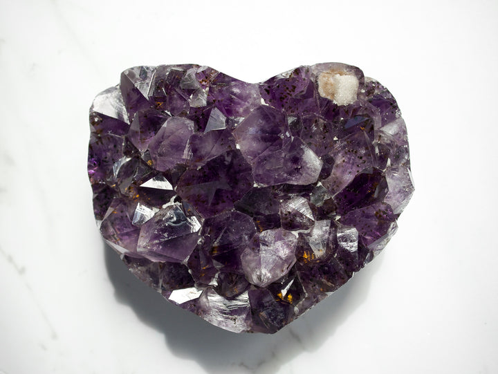 Heart-Shaped Amethyst with Golden Goethites and Sugar Calcite