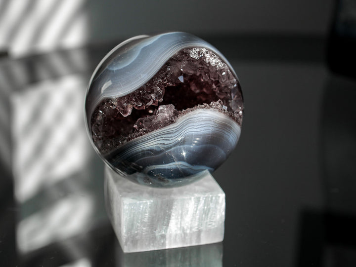 Amethyst and Agate Sphere with Selenite Stand