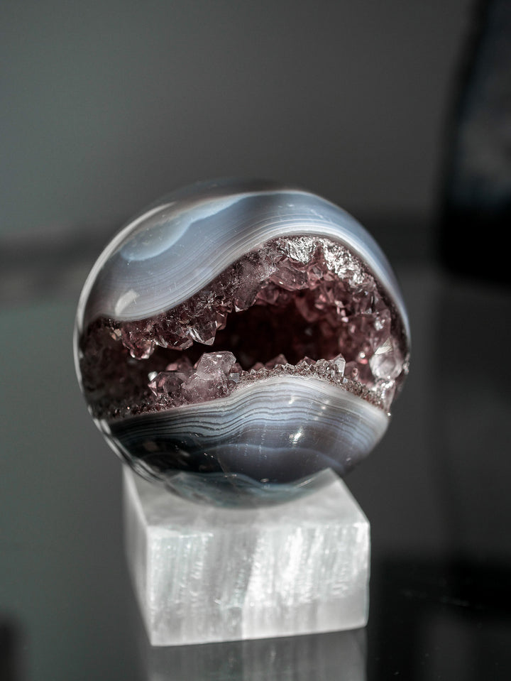 Amethyst and Agate Sphere with Selenite Stand