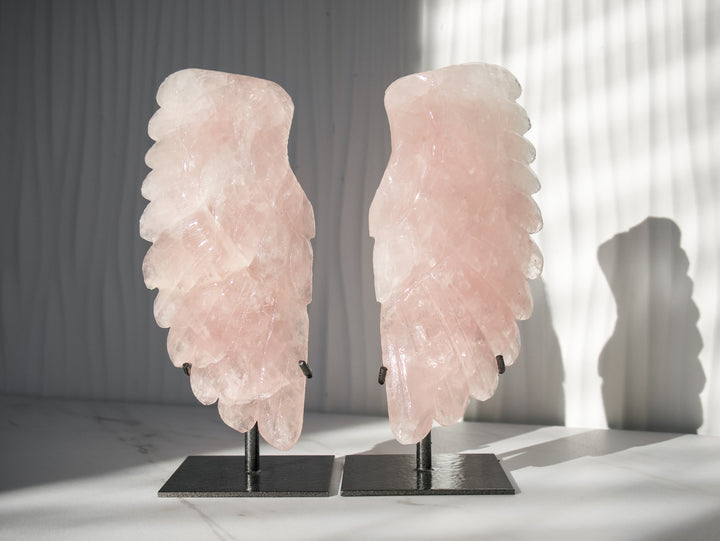 Rose Quartz Angel Wings on Metal Stands - Option 3