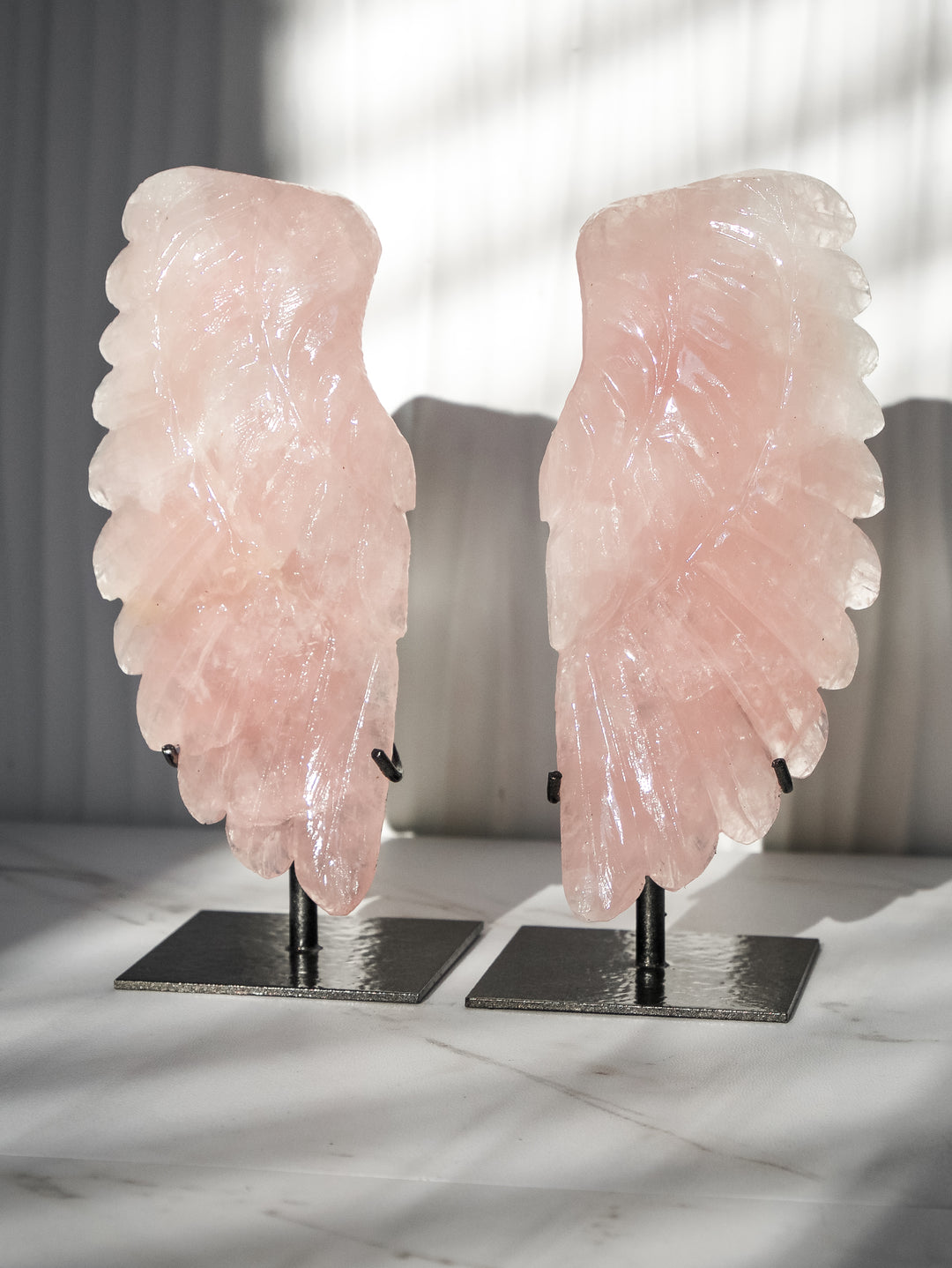 Rose Quartz Angel Wings on Metal Stands - Option 3