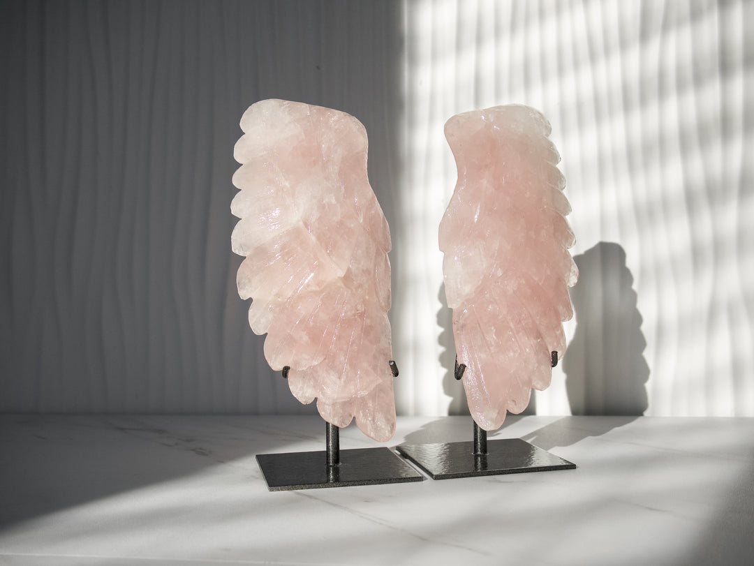 Rose Quartz Angel Wings on Metal Stands - Option 3