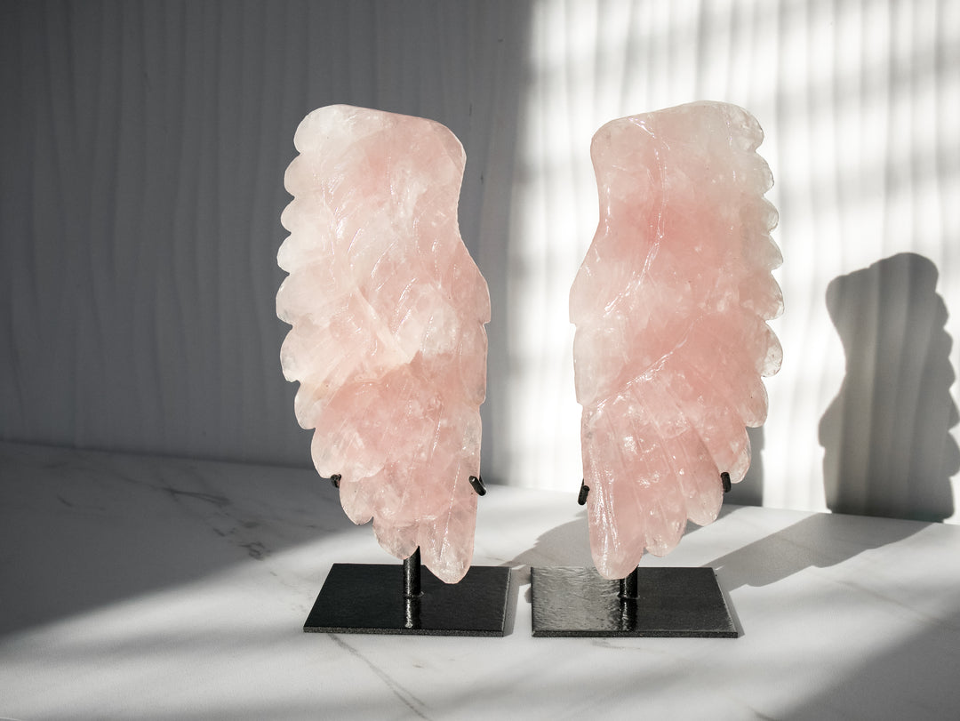 Rose Quartz Angel Wings on Metal Stands - Option 3