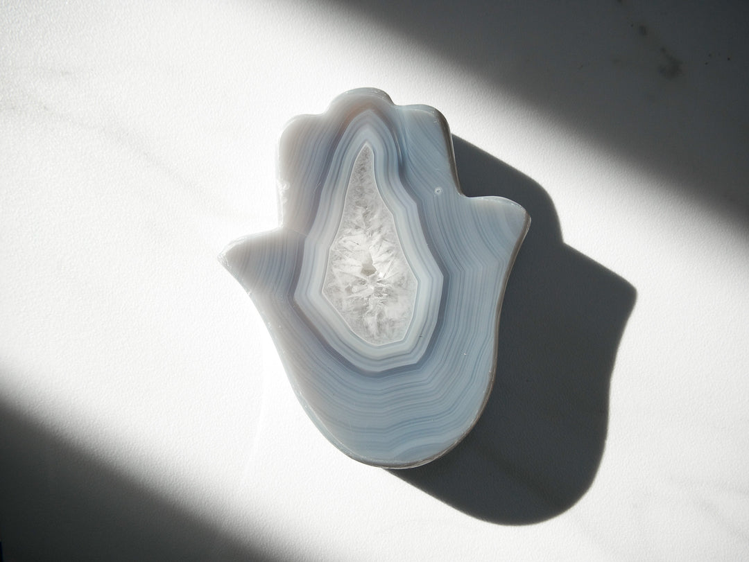 Pastel Blue & White Banded Agate Hamsa (Medium)