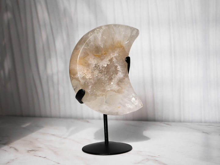 Natural Brazilian Druzy Agate Moon on Metal Stand