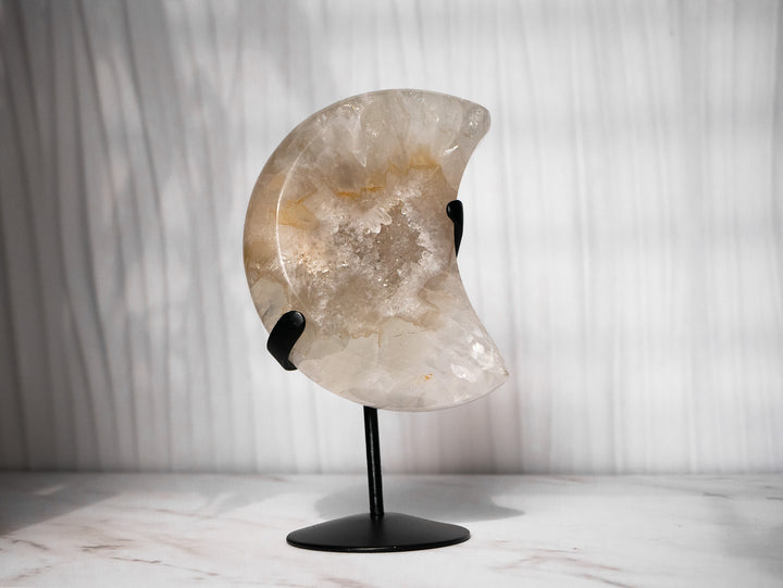 Natural Brazilian Druzy Agate Moon on Metal Stand