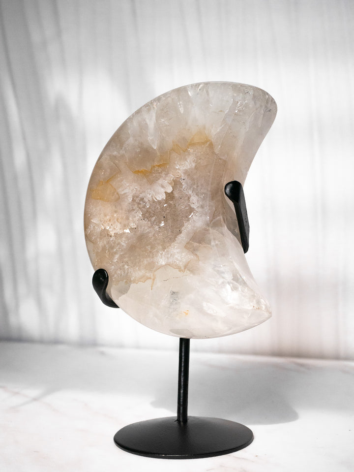 Natural Brazilian Druzy Agate Moon on Metal Stand