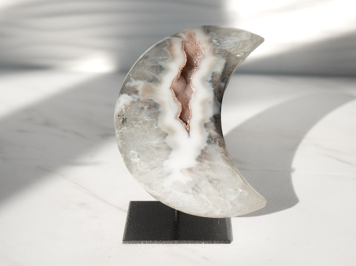 Large Off-White Agate Moon on Metal Stand