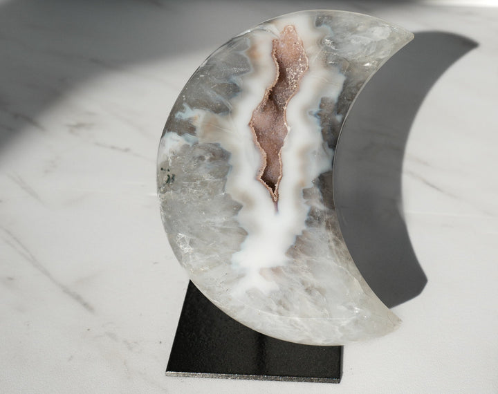 Large Off-White Agate Moon on Metal Stand