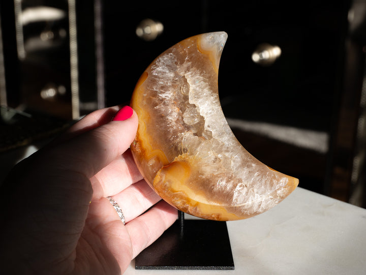 Small Orange Agate Moon on Metal Stand