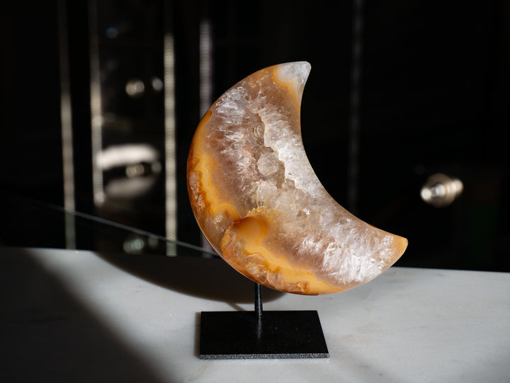 Small Orange Agate Moon on Metal Stand