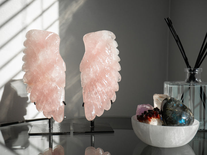 Rose Quartz Angel Wings on Metal Stands - Option 3