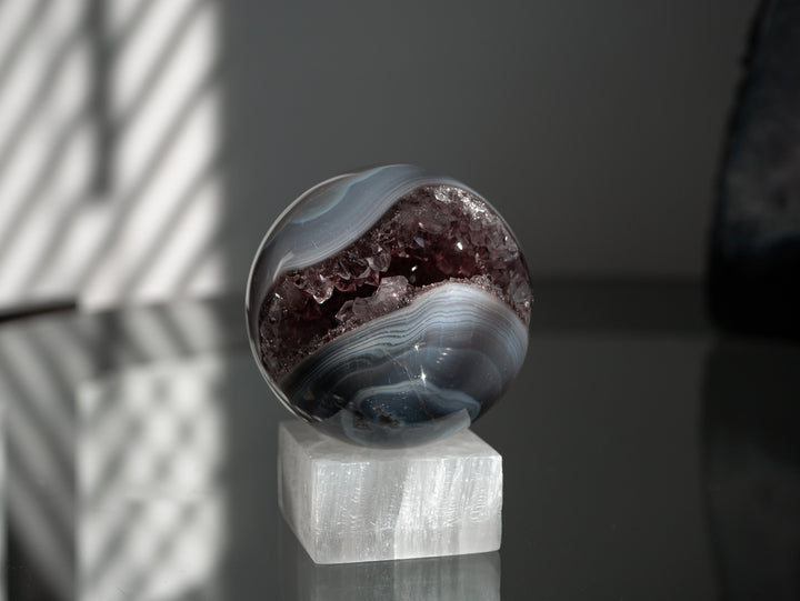 Amethyst and Agate Sphere with Selenite Stand