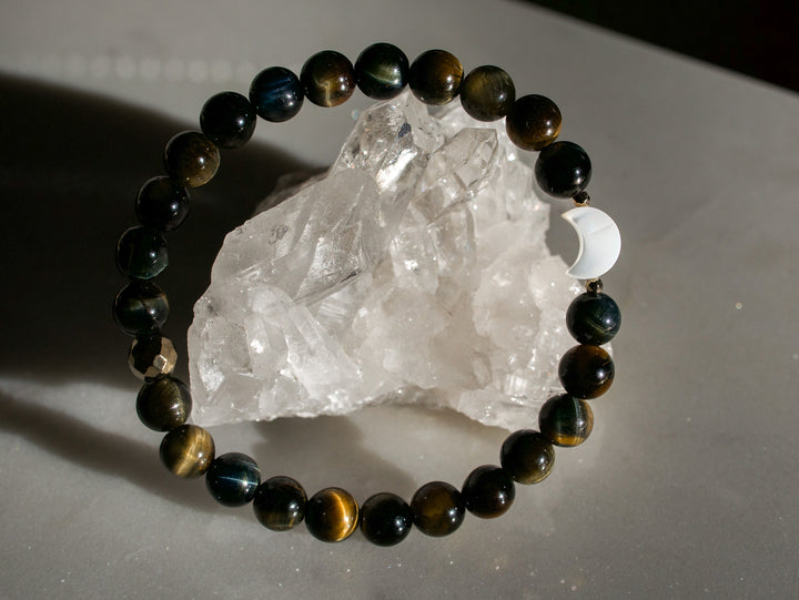 Premium Blue Tiger Eye Bracelet with Crescent Moon Charm