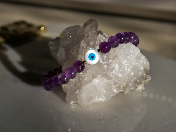 Amethyst Crystal Bracelet with Evil Eye