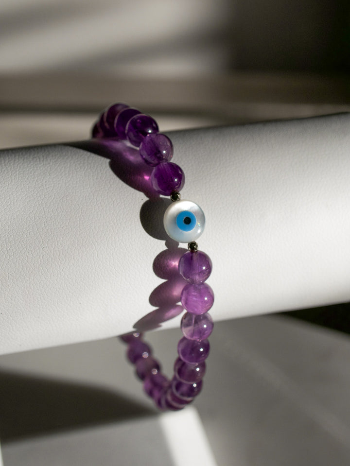 Amethyst Crystal Bracelet with Evil Eye