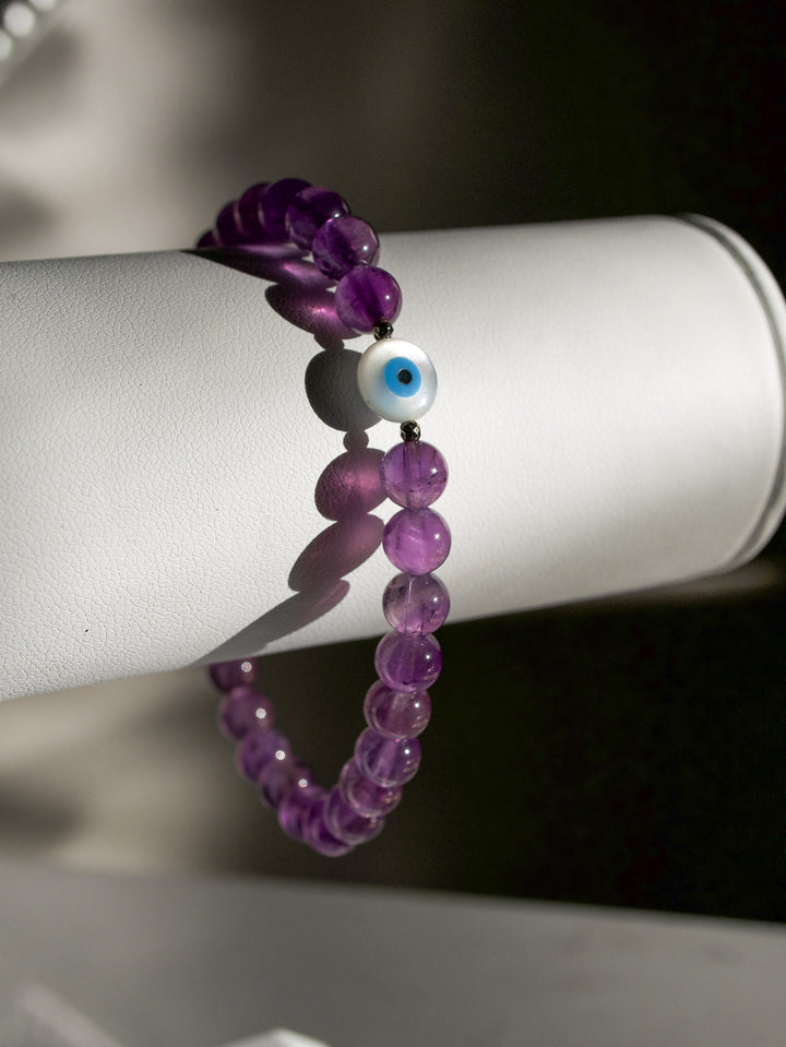 Amethyst Crystal Bracelet with Evil Eye