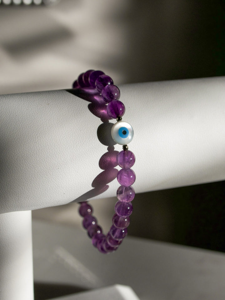 Amethyst Crystal Bracelet with Evil Eye