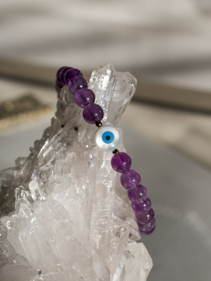 Amethyst Crystal Bracelet with Evil Eye