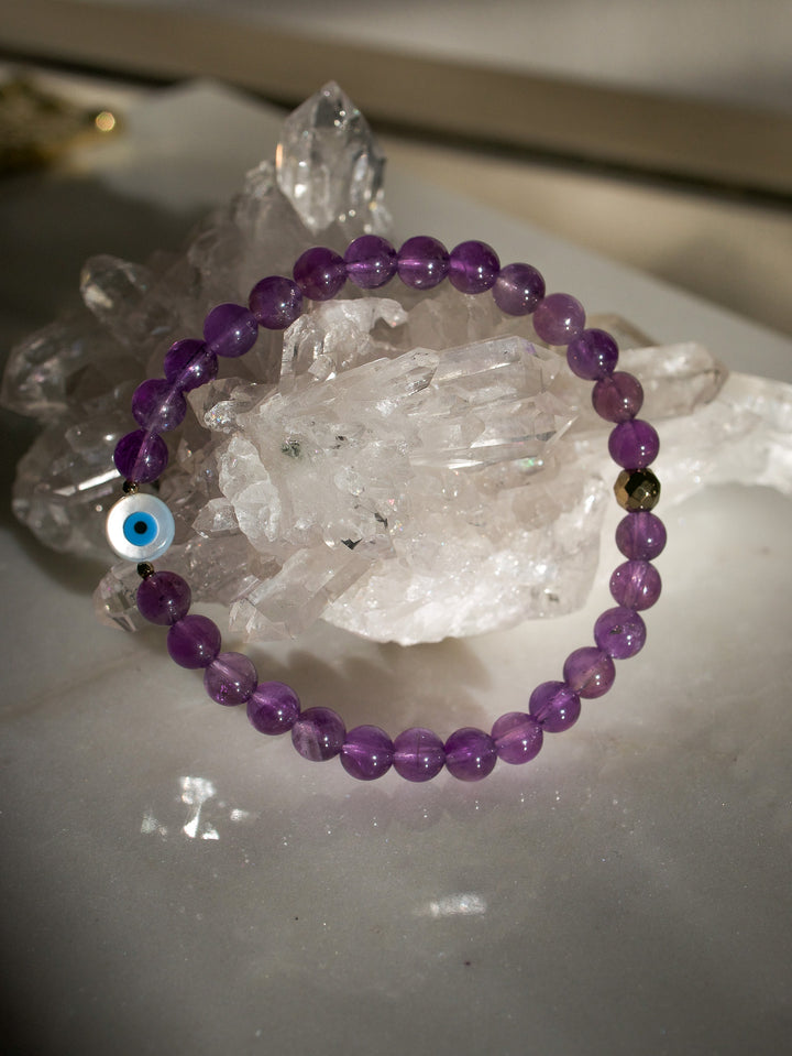 Amethyst Crystal Bracelet with Evil Eye