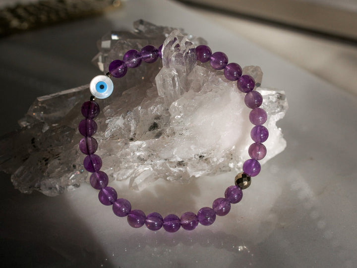 Amethyst Crystal Bracelet with Evil Eye