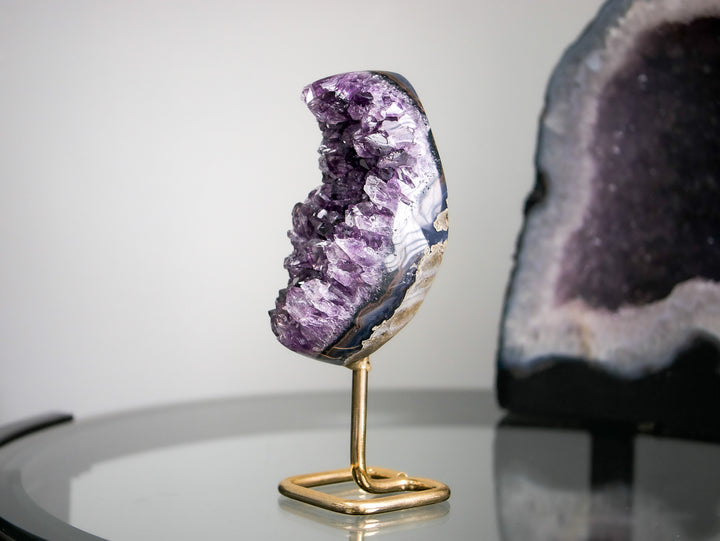 Crescent-Shaped Amethyst Cluster on Gold Metal Stand