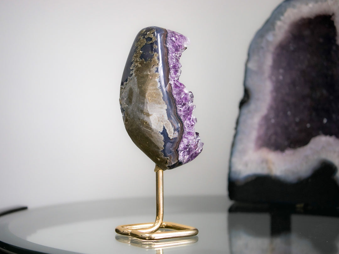 Crescent-Shaped Amethyst Cluster on Gold Metal Stand