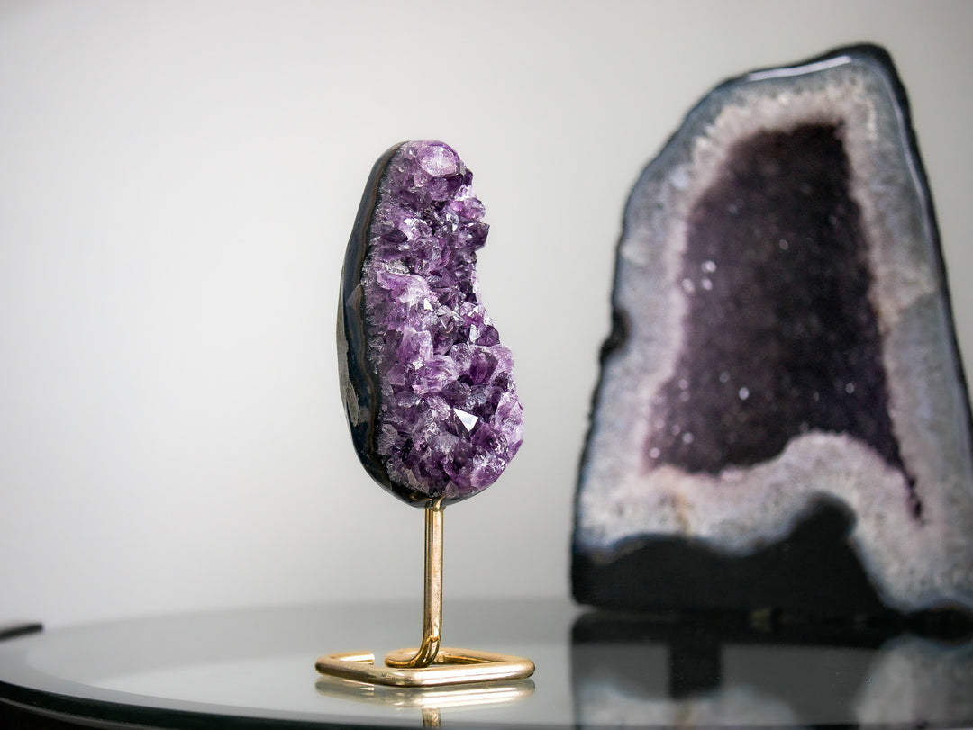 Crescent-Shaped Amethyst Cluster on Gold Metal Stand