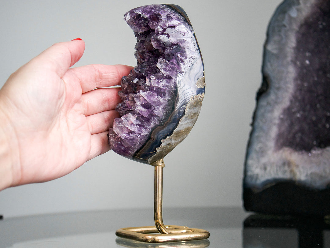 Crescent-Shaped Amethyst Cluster on Gold Metal Stand