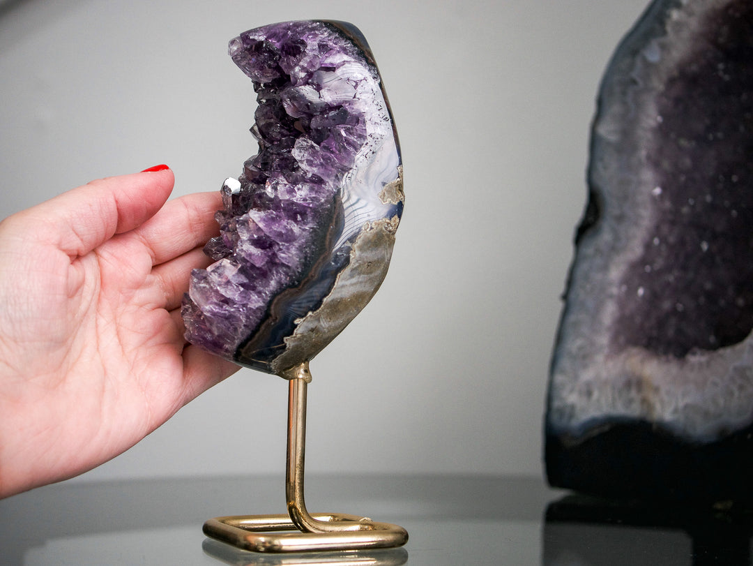 Crescent-Shaped Amethyst Cluster on Gold Metal Stand