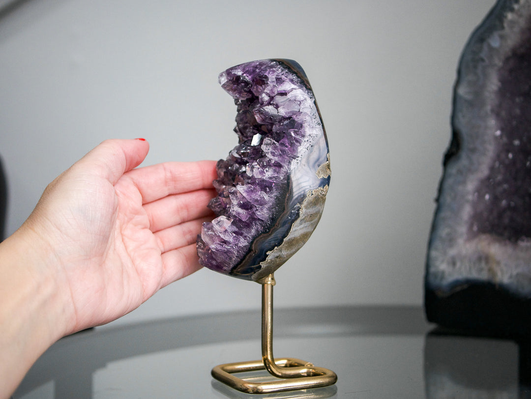 Crescent-Shaped Amethyst Cluster on Gold Metal Stand