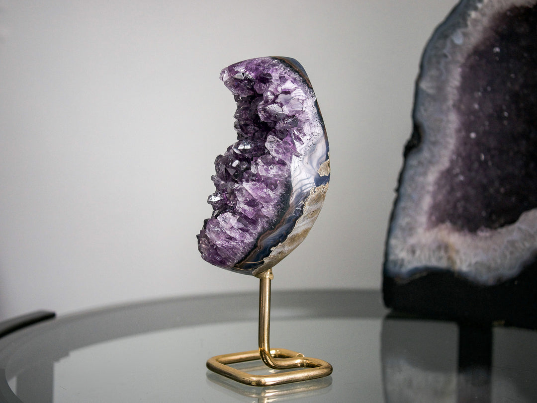 Crescent-Shaped Amethyst Cluster on Gold Metal Stand