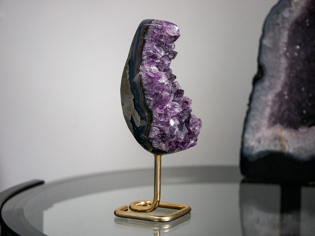 Crescent-Shaped Amethyst Cluster on Gold Metal Stand