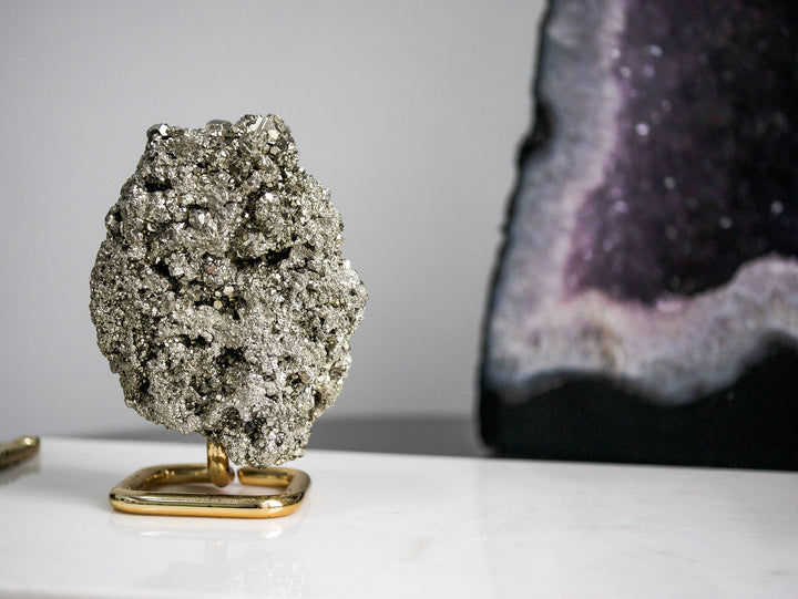 Pyrite Cluster on Gold-tone Metal Stand - Opt 1