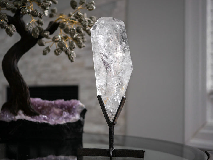 Tall Clear Quartz Crystal with Inclusions on Metal Stand