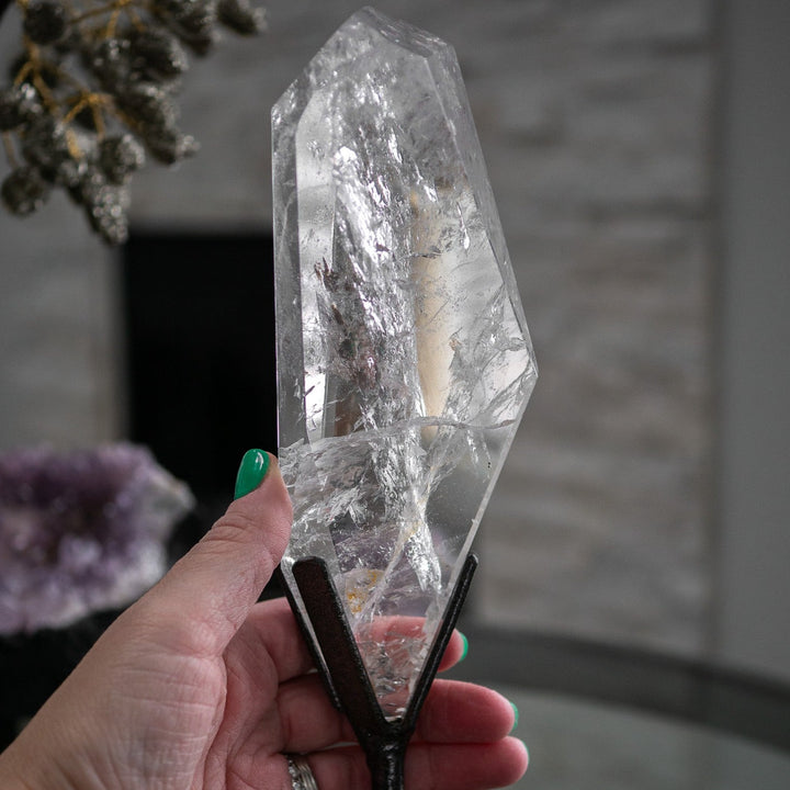 Tall Clear Quartz Crystal with Inclusions on Metal Stand