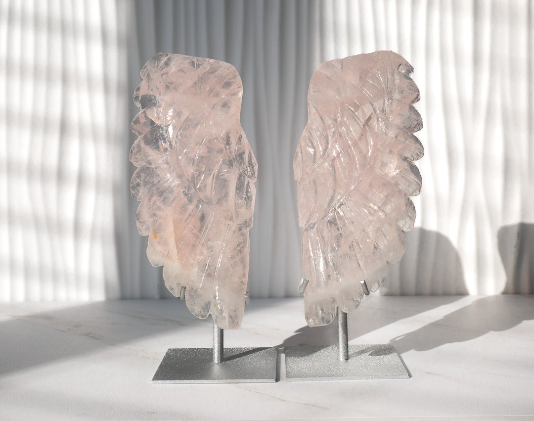 Rose Quartz Angel Wings on Metal Stands - Option 2