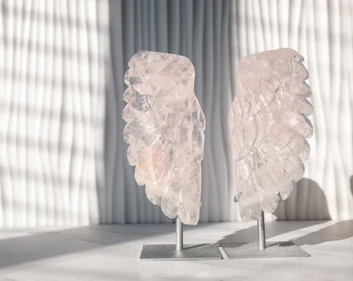 Rose Quartz Angel Wings on Metal Stands - Option 2