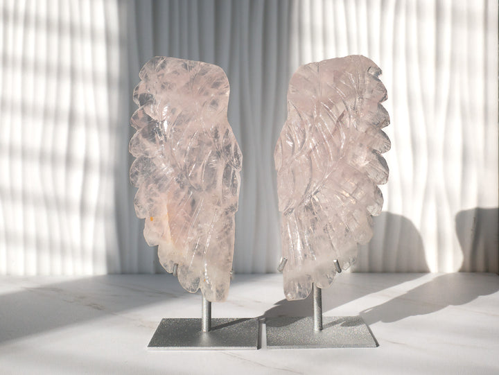 Rose Quartz Angel Wings on Metal Stands - Option 2