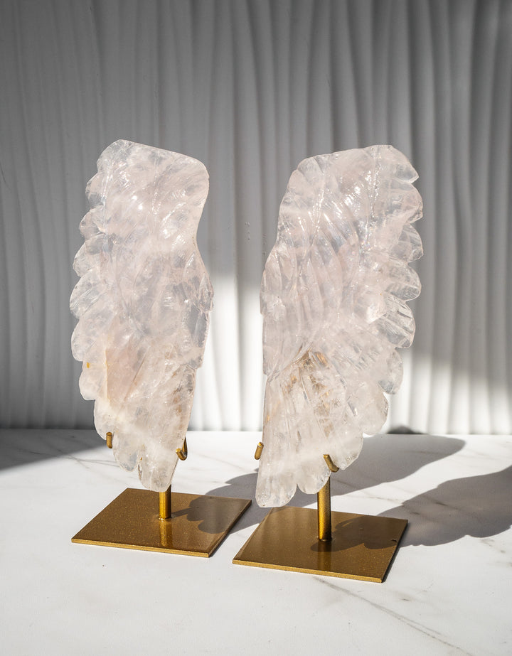 Rose Quartz Angel Wings on Metal Stands - Option 1