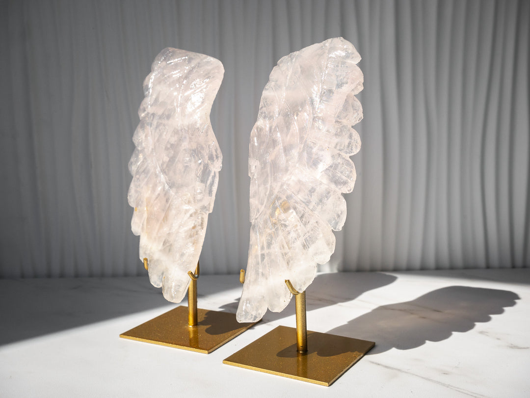 Rose Quartz Angel Wings on Metal Stands - Option 1