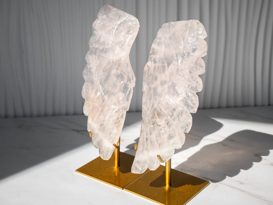 Rose Quartz Angel Wings on Metal Stands - Option 1