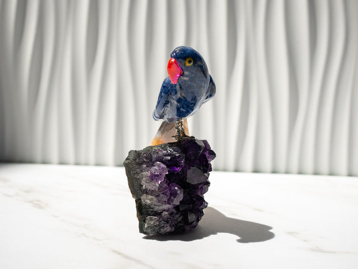 Hand-Carved Sodalite and Agate Bird on Amethyst Cluster