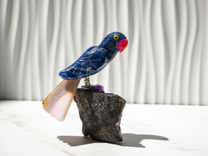 Hand-Carved Sodalite and Agate Bird on Amethyst Cluster