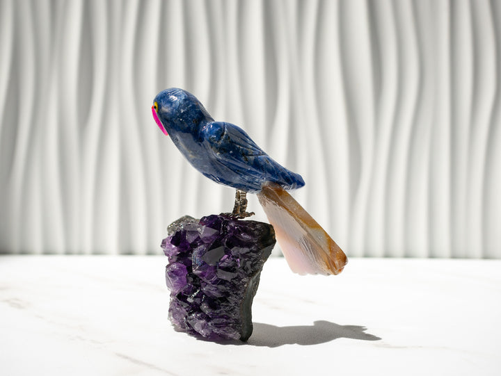Hand-Carved Sodalite and Agate Bird on Amethyst Cluster