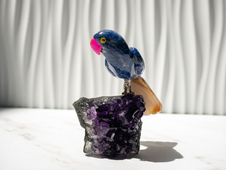 Hand-Carved Sodalite and Agate Bird on Amethyst Cluster