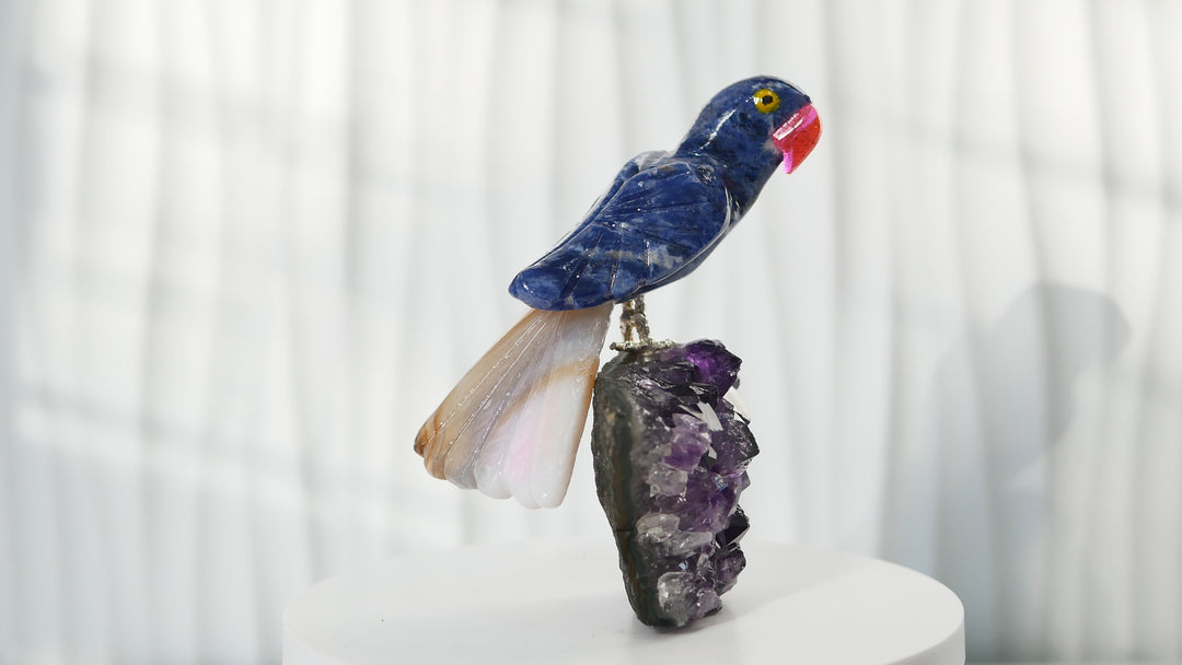 Hand-Carved Sodalite and Agate Bird on Amethyst Cluster